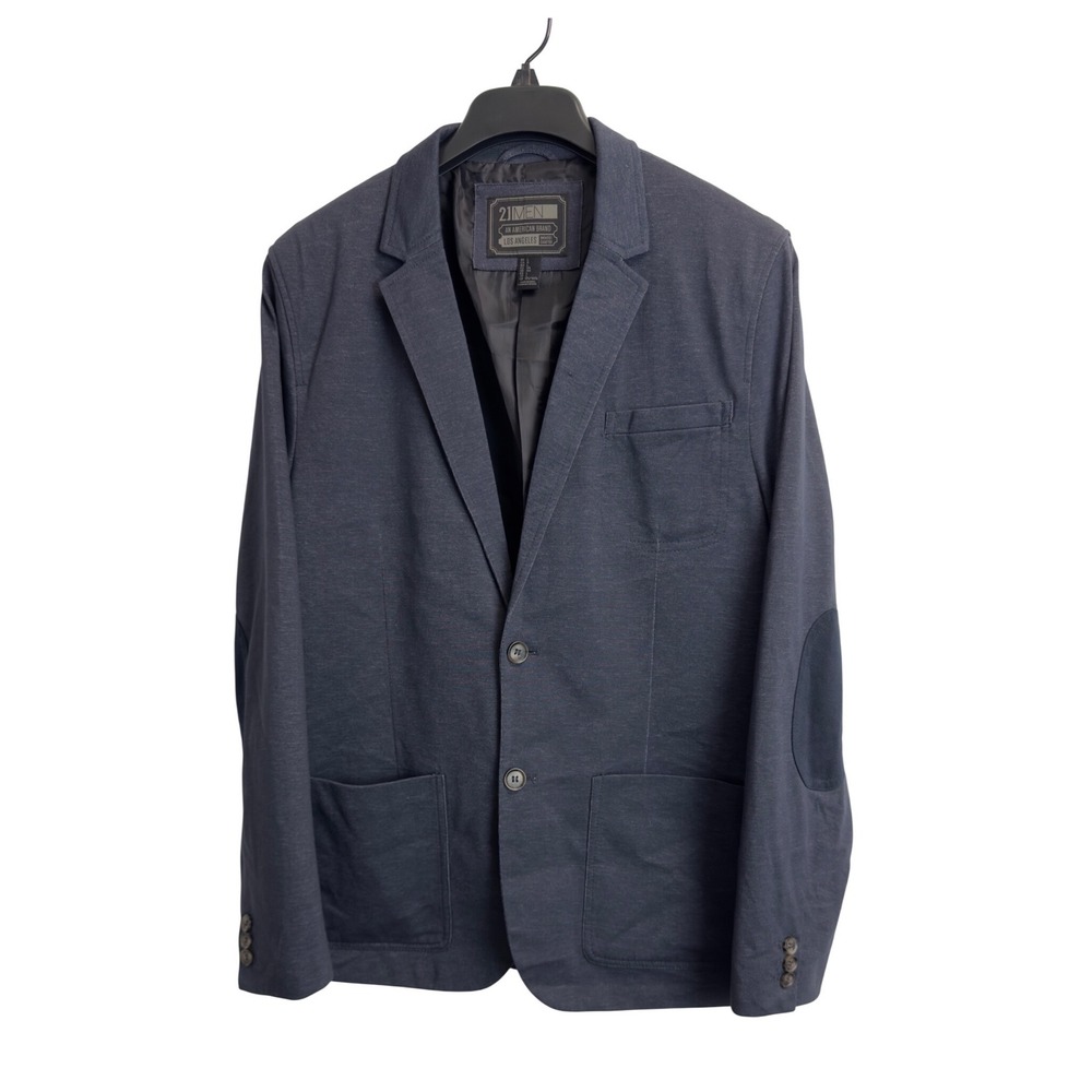 21Men Mens Navy Blue Knit Blazer Jacket Elbow Patches Size Largeโ Two Button
